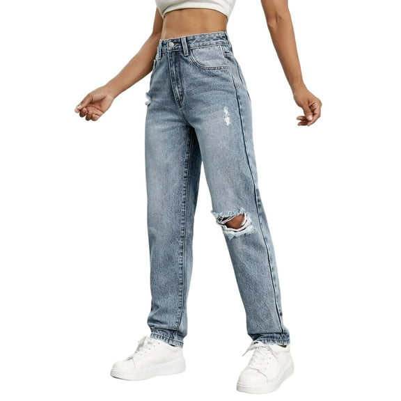 Women's Retro Jeans Stretchy Elastic Waist Ripped Pull on Pants with Pockets Loose Denim Pants Trendy 2025