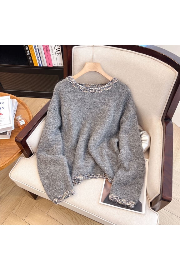Women's Retro Knit Sweater, Loose Fit Ribbed Pullover with Crew Neck, Casual Boho Top for Spring and Fall