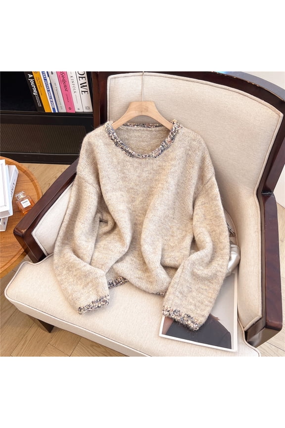 Women's Retro Knit Sweater, Loose Fit Ribbed Pullover with Crew Neck, Casual Boho Top for Spring and Fall