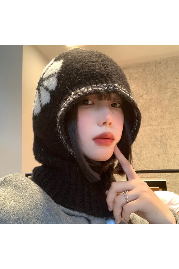 Women's Retro Korean Winter Balaclava Hat, Stretchy Face Mask & Ear Warmers with Open Closure, Plush Soft Winter Cap for Cycling Skiing Christmas