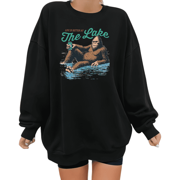 Women's Retro Lake Life "Life Is Better At The Lake" Bigfoot Relaxing In Water Graphic Cotton Sweatshirt Round-neck long-sleeved Black S-3XL