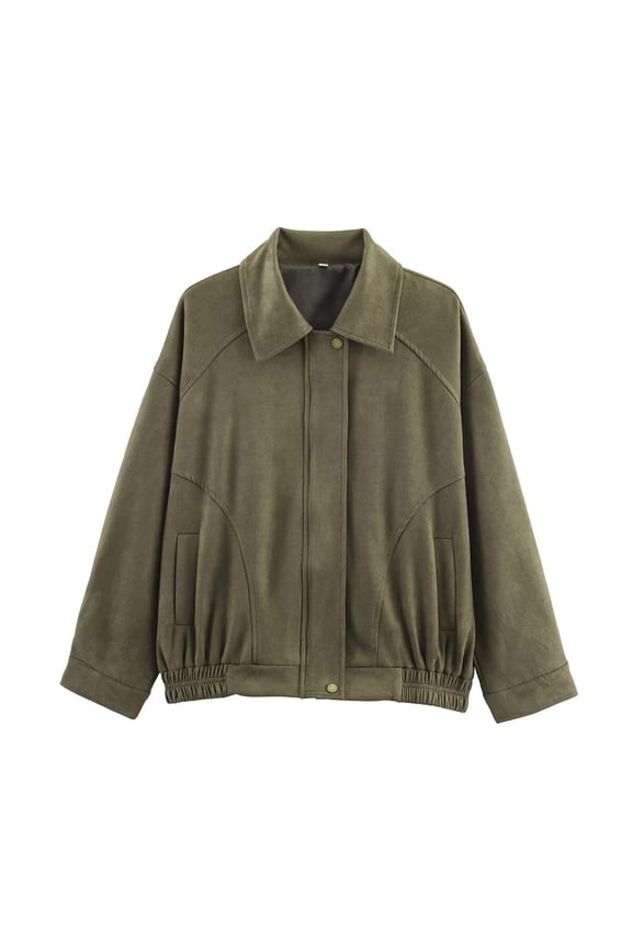 Women's Retro Lapel Collar Bomber Jacket, Casual Lightweight Batwing Sleeve Coat, Vintage Inspired Pilot Style Jacket, Soft Polyester Outerwear for Women, Streetwear Cropped Length Coat Green M