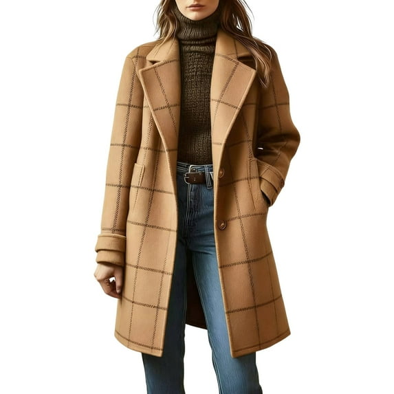 Women's Retro Lapel Long Plaid Coat 2025 Fall Winter Casual Elegant Double-breasted Work Suit Jacket