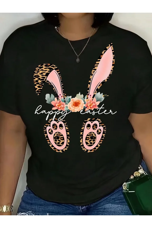 Women's Retro Leopard Print Bunny Ears Floral Happy Easter Graphic Tee Short Sleeve Casual Fashion Apparel