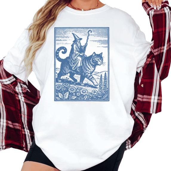 Women's Retro Linocut Wizard Cat Graphic T Shirt Breathable Comfortable Short Sleeve Round Neck Top White S-5XL