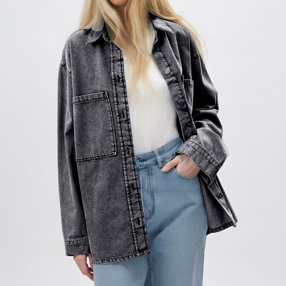 Women's Retro Long Sleeved Denim Jacket Blue Big Pocket Loose Casual Shirt Long Jacket Denim for Women Denim Jackets Women Fashion Oversize Jean Jacket Denim Jean Jacket Women Jean Jacket Women Light
