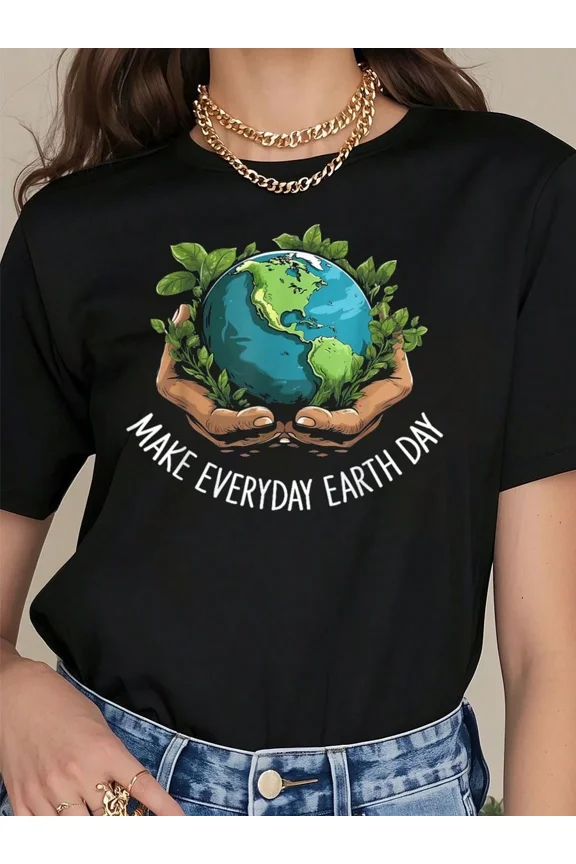 Women's Retro Make Everyday Earth Day Graphic T-Shirt Eco-Friendly Nature Lover Short Sleeve Black Tee
