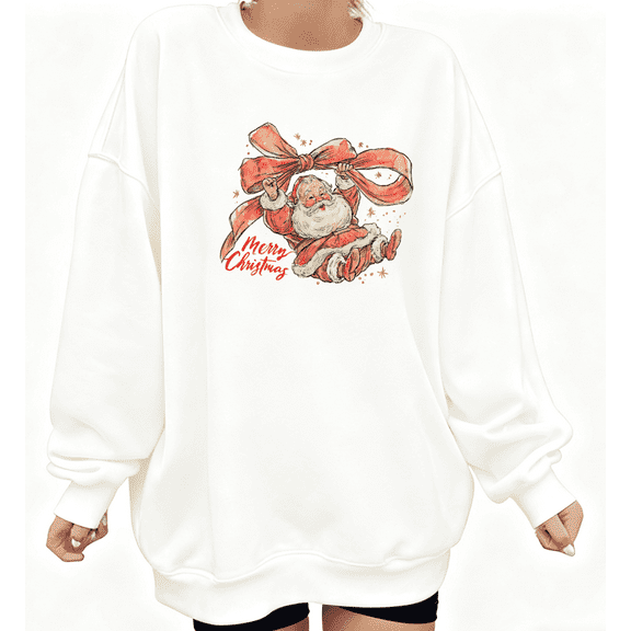 Women's Retro Merry Christmas Santa Bow Star Graphic Cotton Round-neck Long-sleeved Sweatshirt White S-3XL