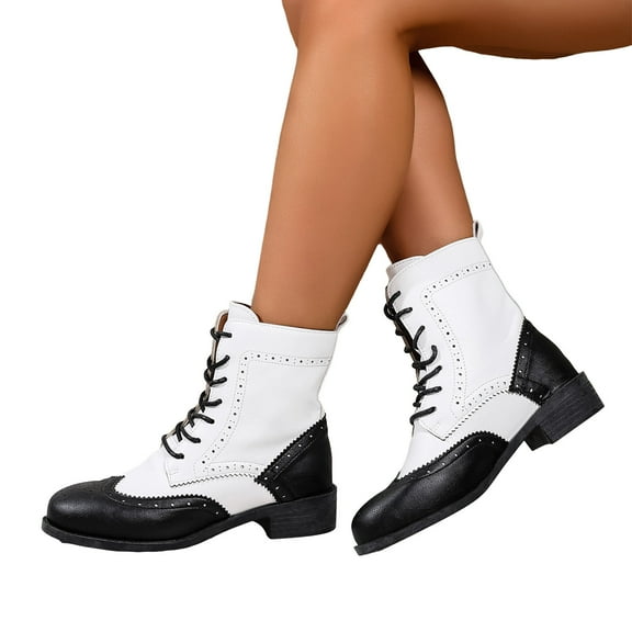 Women's Retro Mid Calf Combat Boots Black White Color Block Leather Lace up Low Heel Winter Fall Ankle Booties White Size 8.5