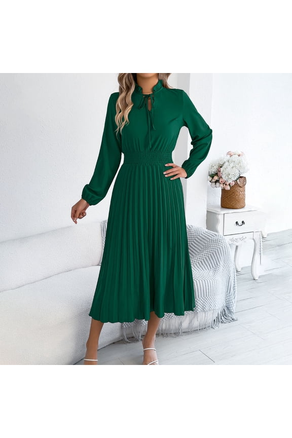 Women's Retro Midi A-Line Dress Long Sleeve Tie Neck Ruffle Collar Smocked Waist Pleated Skirt Hem Elegant Flowy Chiffon Dress For Casual Daily Wear Professional Office Work Event