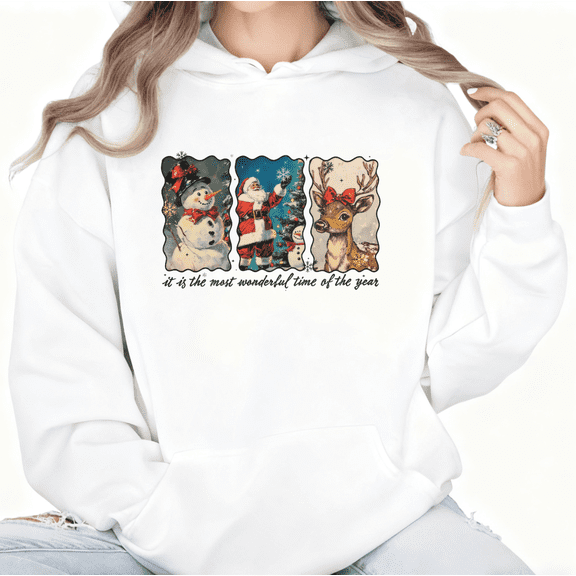 Women's Retro Most Wonderful Time Christmas Printed Hooded Long-Sleeved Cotton Sweatshirt White S-2XL