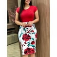 thumbnail image 1 of Women's Retro O-Neck Pencil Dress Short-Sleeve Floral Midi Dress, 1 of 3