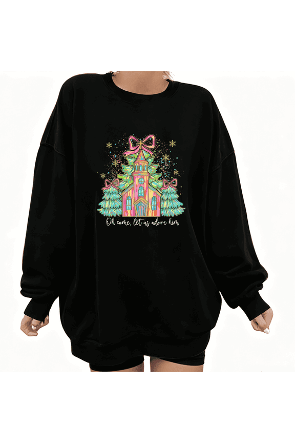 Women's Retro Oh Come Let Us Adore Him Church Tree Bow Graphic Cotton Round-neck Long-sleeved Sweatshirt Black S-3XL