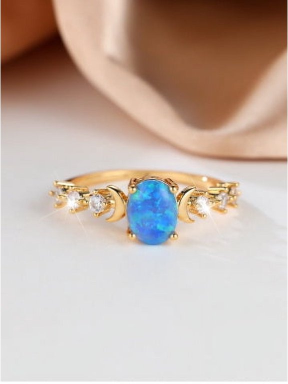Womens Retro Ring with Oval White Opal Moon Electroplated Copper Geometric Diamond Studded Design Copper Ring for Women