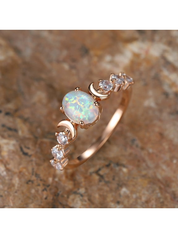 Womens Retro Ring with Oval White Opal Moon Electroplated Copper Geometric Diamond Studded Design Copper Ring for Women