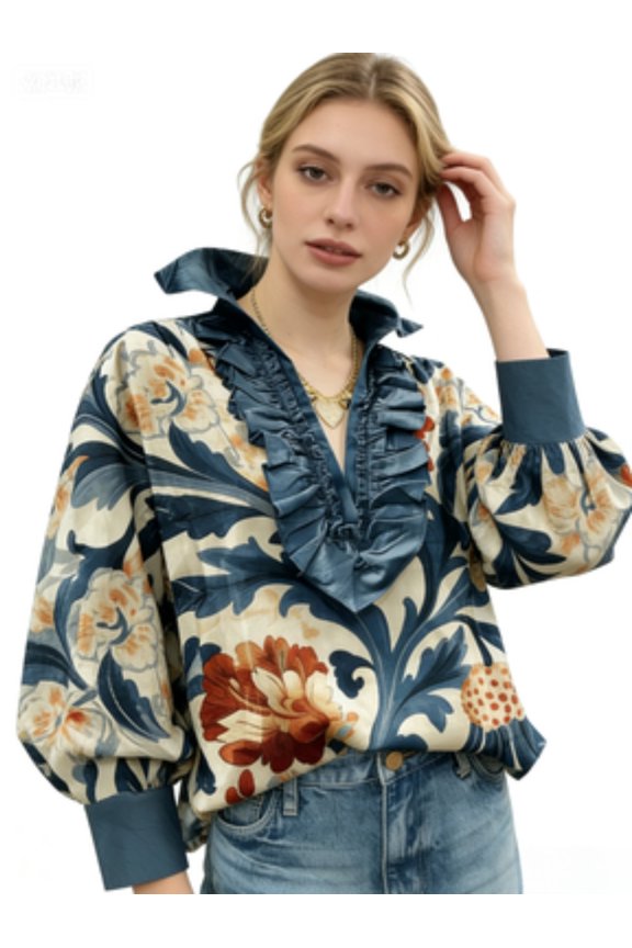 Women's Retro Pattern Pleated V-Neck Shirt Collar Print Long Sleeve Shirt