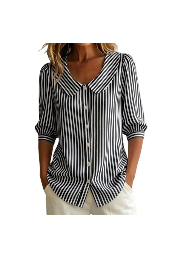 Women's Retro Peter Pan Collar Striped Button-Down Blouse Casual 3/4 Puff Sleeve Shirt Lightweight Work Office Top Loose Fit Striped Blouse Plus Size Dressy Casual Tunic Shirts Black L