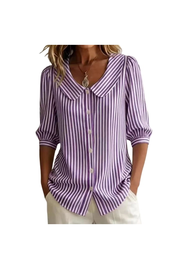Women's Retro Peter Pan Collar Striped Cotton Linen Shirt, Womens Cotton Rayon Plus Tops Blouse Button Down Collar, S