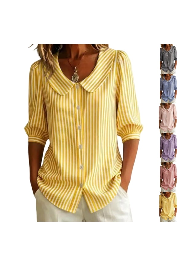 Women's Retro Peter Pan Collar Striped Cotton Linen Shirt, Womens Cotton Rayon Plus Tops Button Down Collar Blouse Yellow XL