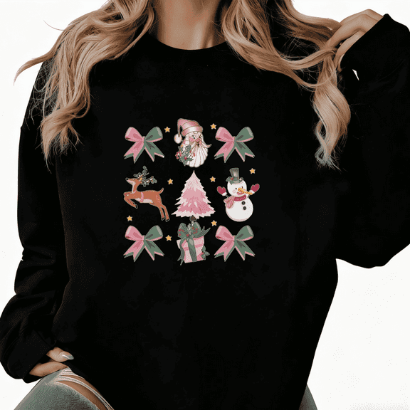 Women's Retro Pink Santa Reindeer Snowman Bow Graphic Cotton Round-neck Long-sleeved Sweatshirt Black S-3XL