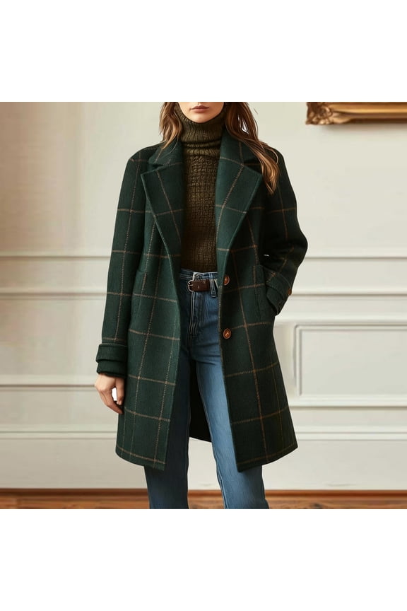 Women's Retro Plaid Coat, Mid-Length Notch Lapel Trench Jacket, Classic Checkered Pattern Overcoat, Elegant Business Casual Outerwear, Fall 2025 Fashion Coat Blackish Green L