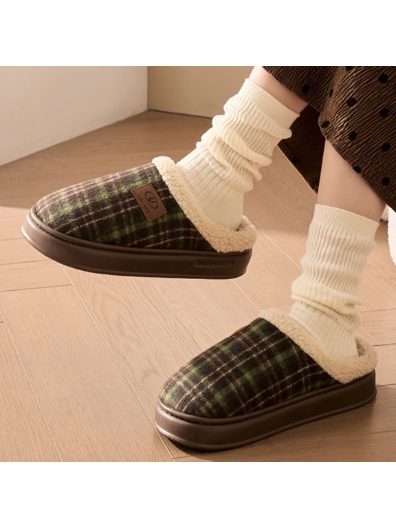Women's Retro Plaid Indoor Slippers Fleece Lined Closed Toe Slip On Thick Platform Warm Non Slip Bedroom Shoes