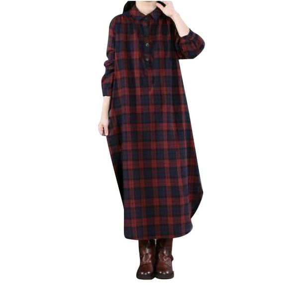 Women's Retro Plaid Long Sleeve Midi Dress Long Sleeve Half Button Down Maxi Dress Comfy Cotton Fall Casual Dresses