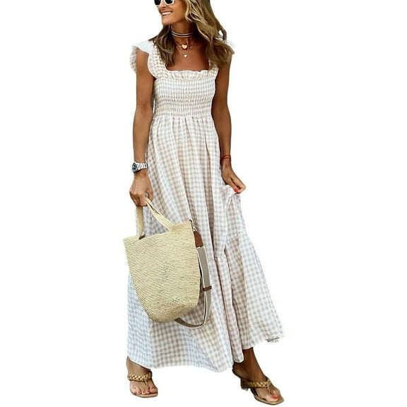 Women's Retro Plaid Smocked Dress Spaghetti Strap Flounce Long Dress-L