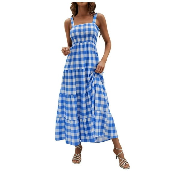 Women's Retro Plaid Smocked Dress Spaghetti Strap Flounce Long Dress