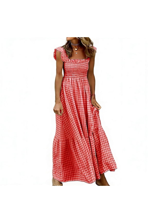 Women's Retro Plaid Smocked Dress Strap Flounce Long Dress M
