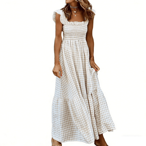 Women's Retro Pleated Suspender Ruffled Maxi Dress