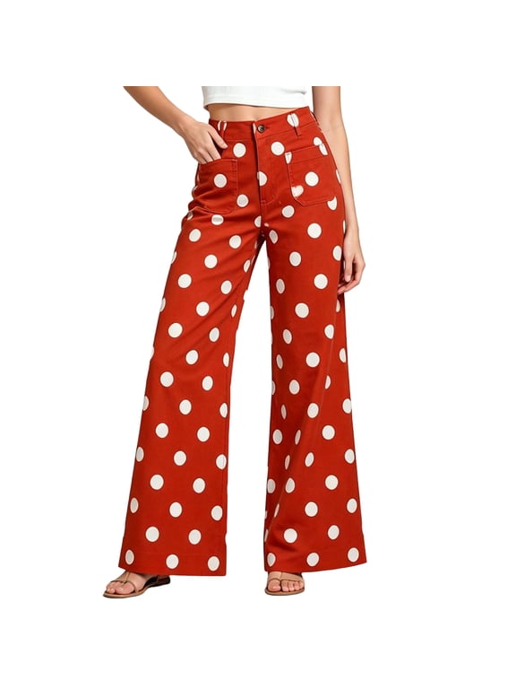 Women's Retro Polka Dot Pattern High Waisted Wide Leg Jeans with Patch Pockets,M