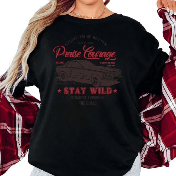 Women's Retro "Praise Courage Stay Wild" Vintage Car Racing Graphic Tee Short Sleeve Round Neck Top Black S-5XL