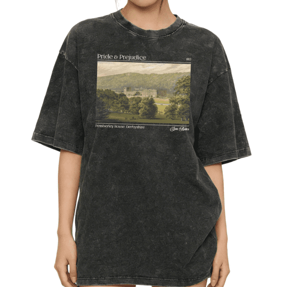 Women's Retro "Pride & Prejudice" Pemberley House Landscape Graphic Washed T Shirt Breathable Black S-2XL Plus Size