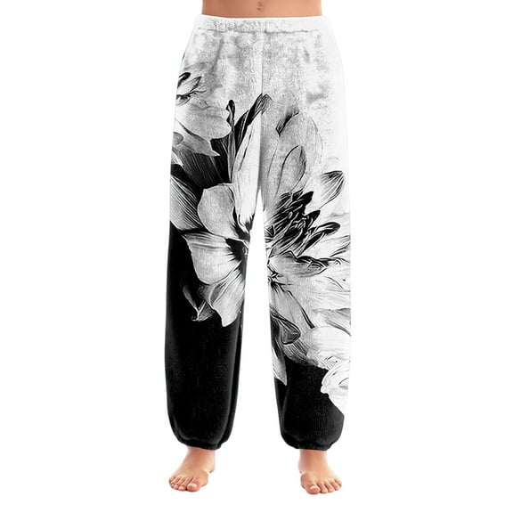Women's Retro Print Cuff Pants, Casual Lounge Sleep Pants, Elastic Waist Comfort Trousers for Vintage Style Lovers and Home Comfort,Black,XS