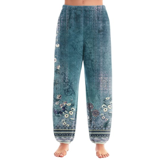 Women's Retro Print Cuff Pants, Casual Lounge Sleep Pants, Elastic Waist Comfort Trousers for Vintage Style Lovers and Home Comfort,Dark Blue,XS