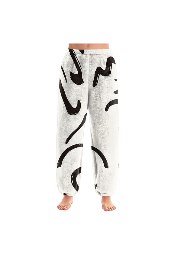 Women's Retro Print Cuff Pants, Casual Lounge Sleep Pants, Elastic Waist Comfort Trousers for Vintage Style Lovers and Home Comfort,White,XS