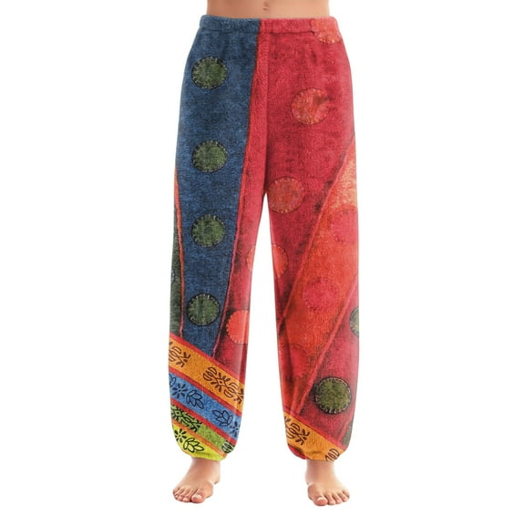 Women's Retro Print Cuff Pants, Casual Lounge Sleep Pants, Elastic Waist Comfort Trousers for Vintage Style Lovers and Home Comfort,Wine,M