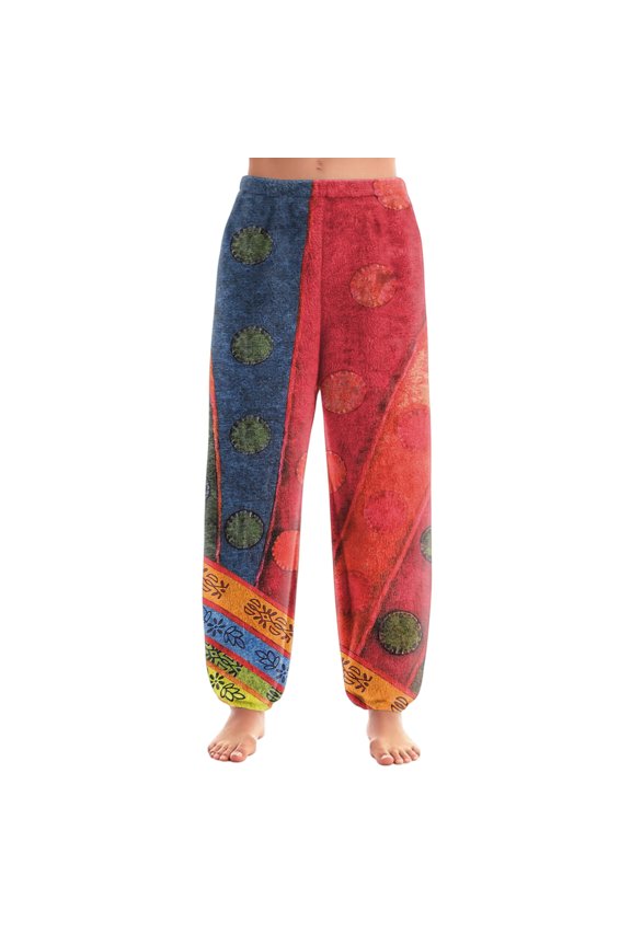 Women's Retro Print Cuff Pants, Casual Lounge Sleep Pants, Elastic Waist Comfort Trousers for Vintage Style Lovers and Home Comfort,Wine,XS