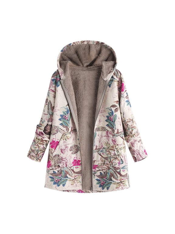 Women's Retro Print Hooded Jacket - Long Sleeve Zip Up Fleece Lined Coat Oversized Thick Composite Sherpa Pullover Vintage Floral Winter Warm Outerwear
