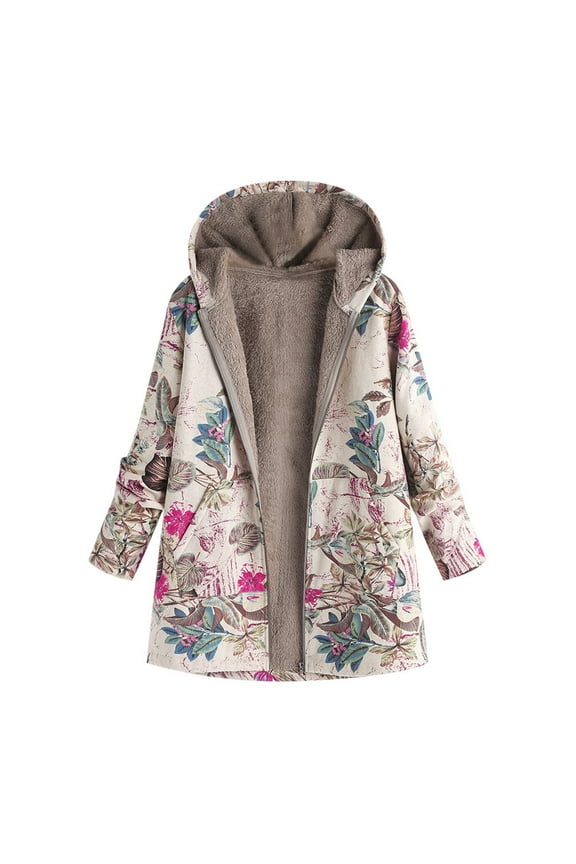 Women's Retro Print Hooded Jacket - Long Sleeve Zip Up Fleece Lined Coat Oversized Thick Composite Sherpa Pullover Vintage Floral Winter Warm Outerwear