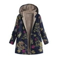 thumbnail image 1 of Women's Retro Print Hooded Jacket - Long Sleeve Zip Up Fleece Lined Coat Oversized Thick Composite Sherpa Pullover Vintage Floral Winter Warm Outerwear, 1 of 4