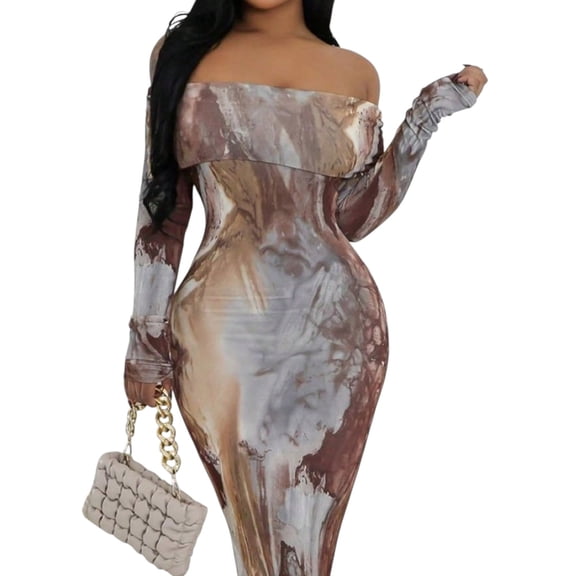 Women's Retro Print One-Shoulder Bodycon Dress – Sexy Long Sleeve Pencil Dress for Party Evening Cocktail Events