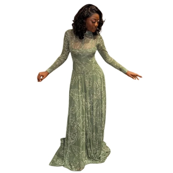 Women's Retro Print Stand Collar Long Sleeve Waistband A-Line Long Dress, Thin Light, Slight Perspective