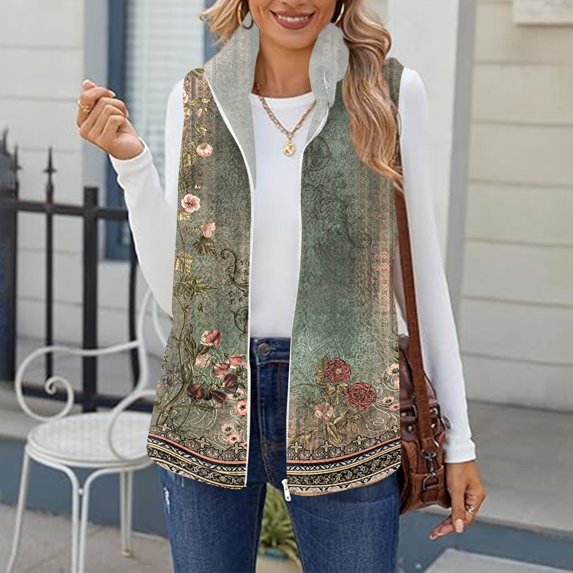 Women's Retro Print Warm Fleece Lined Cardigan Vest Coat Green M
