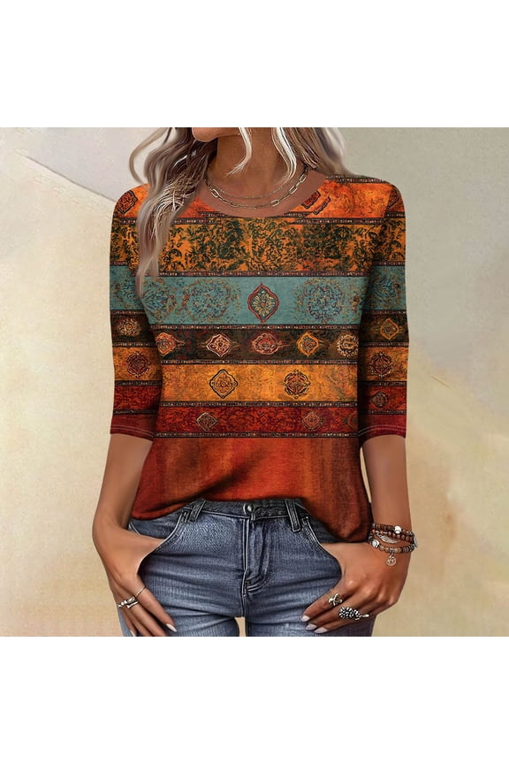 Women's Retro Printed 3/4 Sleeve Sweaters, Floral Pattern Womens Blouses, Spring Lightweight Breathable Casual Tops for Women Wear & Gifts