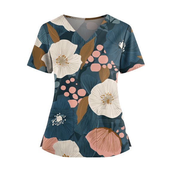Women's Retro Printed V-Neck Double Pocket Short Sleeves Hem Slit Uniform Caregiver Top with Artistic Print for Workwear and Casual Style,Dark Blue,L