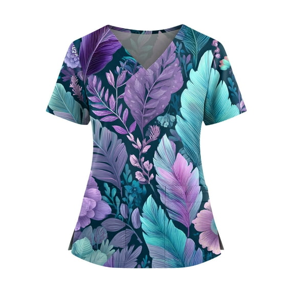 Women's Retro Printed V-Neck Double Pocket Short Sleeves Hem Slit Uniform Caregiver Top with Artistic Print for Workwear and Casual Style,Purple,XL