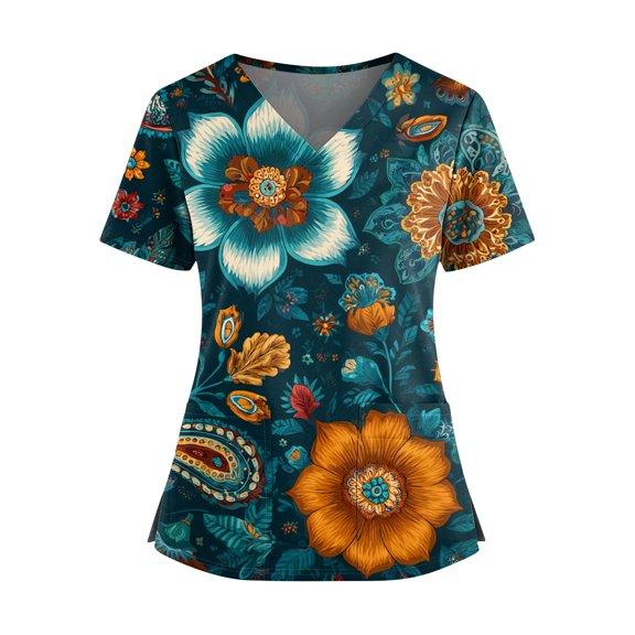 Women's Retro Printed V-Neck Double Pocket Short Sleeves Hem Slit Uniform Caregiver Top with Floral Print for Nursing Uniform and Daily Use,Cyan,4XL