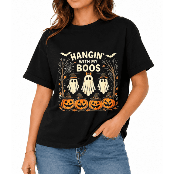 Women's Retro Pumpkin Ghost Graphic T-Shirt, Halloween Fall Casual Short Sleeve Tee